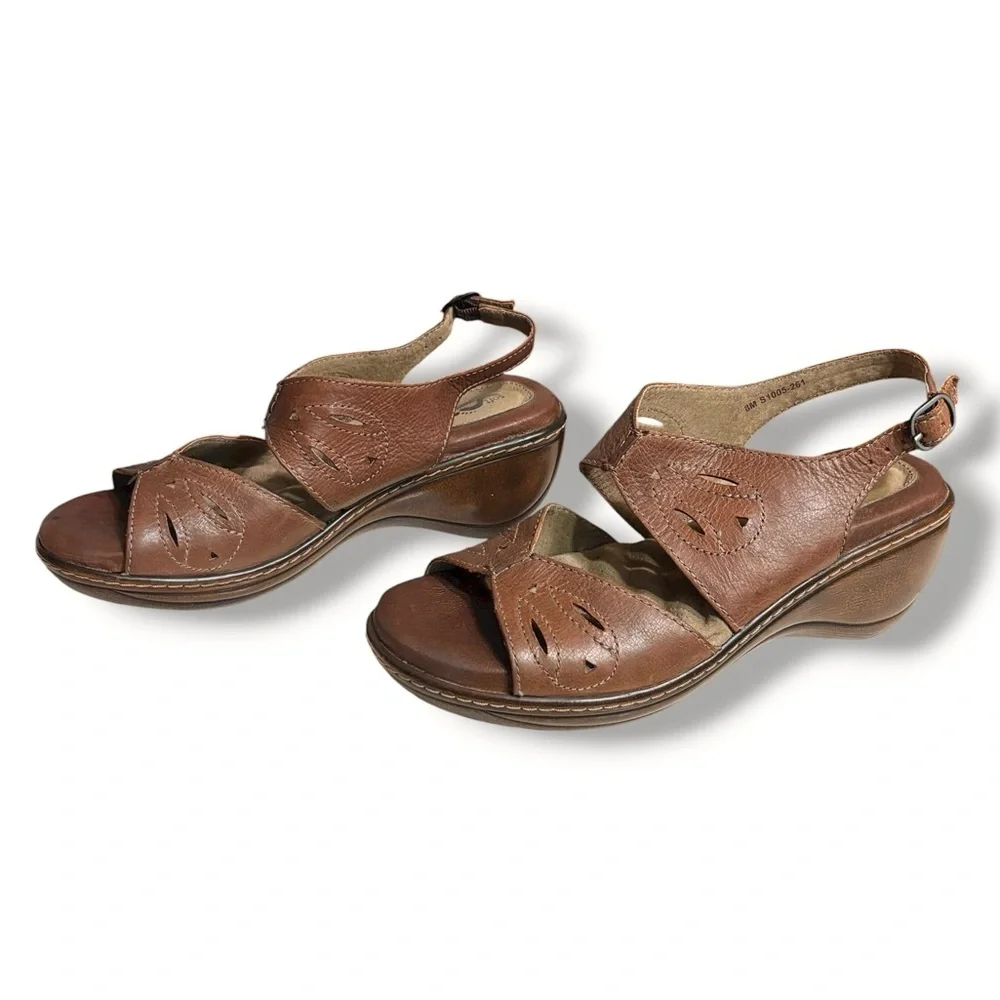 SOFTWALK Melo Brown Perforated Leather Wedge Slingback Sandals Size 8